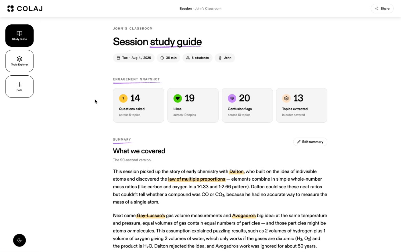 The session study guide: engagement snapshot with anonymous counts and a written summary of what the class covered